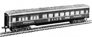 Katalog 1954: Modell des DSG-Speisewagen 1411 mit automatischer Haken-Kupplung